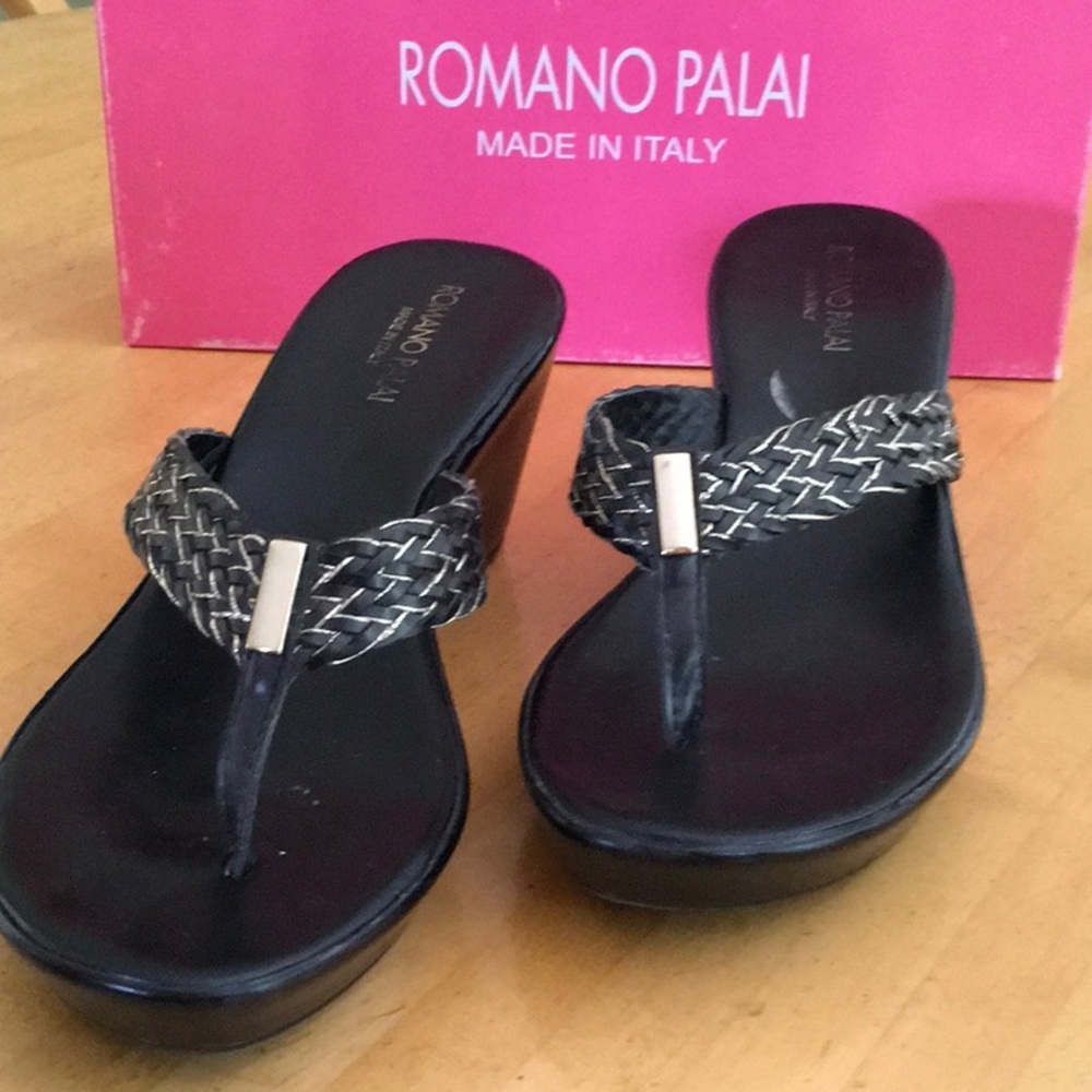Black with Gold wedge Flip Flop Sandal - Romano Palai